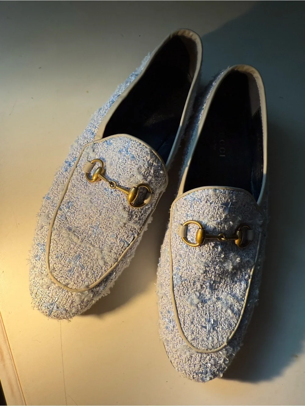 Gucci Cream and Light Blue Textured Men's Slip-On Loafers with Gold Bit
